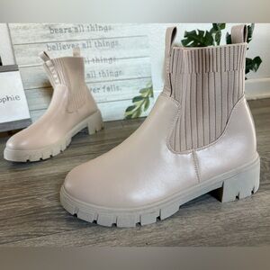 Wanted Shoes Lightning Slip On Boot w Sock Detail & Chunky Sole in Beige Size 10